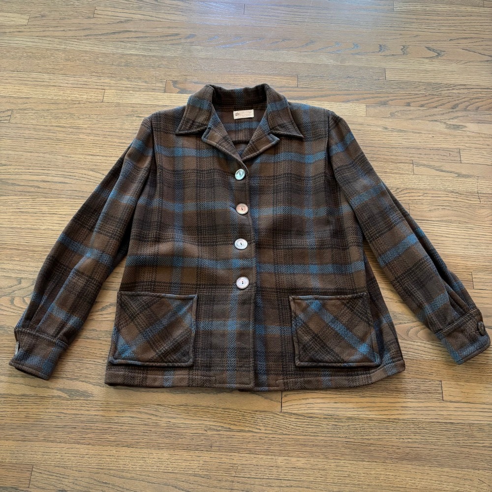 Vintage Pendleton 100% Virgin Wool Plaid Jacket Brown Blue Button Front Womens M
